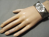 Earlier 1900's Vintage Native American Navajo Big Shell Sterling Silver Repoussed Bracelet Old-Nativo Arts