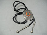 Quality Vintage Native American Navajo Green Turquoise Coral Sterling Silver Bolo Tie-Nativo Arts