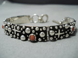 Exceptional Native American Navajo Coral Sterling Silver Cross Hinged Bracelet-Nativo Arts