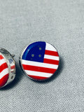 Famous Inlayer Native American Navajo Coral Inlay Sterling Silver American Flag Earrings-Nativo Arts