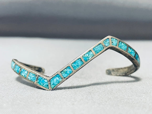 Zig Zag Vintage Native American Navajo Turquoise Inlay Sterling Silver Bracelet-Nativo Arts