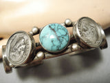 Very Rare Turquoise Vintage Native American Navajo Sterling Silver Coin Bracelet Old-Nativo Arts