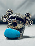 Fascinating Native American Navajo Signed Blue Gem Turquoise Sterling Silver Kachina Ring-Nativo Arts
