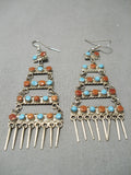 Native American Amazing 5 Tier Turquoise Coral Sterling Silver Navajo Snake Eyes Earrings-Nativo Arts