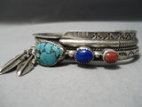 Museum Vintage Native American Navajo Dangle Feather Turquoise Sterling Silver Bracelet Old-Nativo Arts