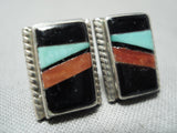 Intricate Vintage Native American Zuni Turquoise Coral Sterling Silver Earrings-Nativo Arts