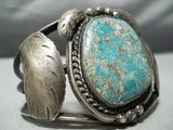 Huge Museum Vintage Native American Navajo Blue Gem Turquoise Sterling Silver Leaf Bracelet Old-Nativo Arts