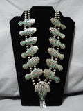Native American Intricate Vintage Navajo Turquoise Inlay Sterling Silver Squash Blossom Necklace-Nativo Arts