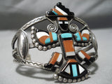 Native American Opulent Vintage Zuni Turquoise Coral Sterling Silver Kachina Bracelet Old-Nativo Arts