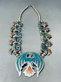 124 Gram Vintage Native American Navajo Turquoise Inlay Sterling Silver Squash Blossom Necklace-Nativo Arts