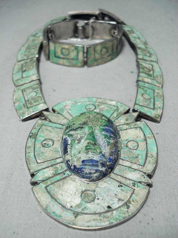 Native American One Of The Best Ever Vintage Mexican Turquoise Sterling Silver Face Necklace-Nativo Arts