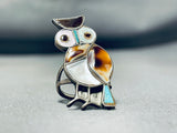Adorable Vintage Native American Zuni Turquoise Inlay Sterling Silver Owl Ring-Nativo Arts
