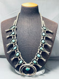 Heavy 239 Gram Vintage Native American Navajo Turquoise Sterling Silver Squash Blossom Necklace-Nativo Arts