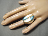 Exceptional Vintage Native American Navajo Turquoise Heavy Pearl Sterling Silver Ring Old-Nativo Arts