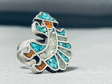 Amazing Vintage Native American Zuni Inlay Turquoise Coral Sterling Silver Rainbow Man Ring-Nativo Arts