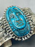One Of Most Detailed Chief Head Hand Carved Turquoise Sterling Silver Bracelet-Nativo Arts