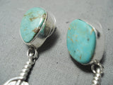Remarkable Native American Navajo Royston Turquoise Sterling Silver Feather Earrings-Nativo Arts