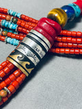 Rare Coral Heishi Native American Navajo Turquoise Sterling Silver Necklace-Nativo Arts