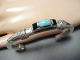 Unique Vintage Native American Navajo Blue Gem Turquoise Jet Sterling Silver Bracelet Old-Nativo Arts