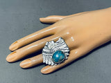 Signed San Felipe Old Kingman Turquoise Sterling Silver Chief Ring-Nativo Arts