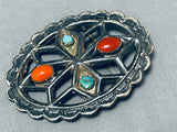 Tremendous Vintage Native American Navajo Morenci Turquoise Coral Sterling Silver Buckle-Nativo Arts