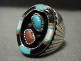 Flares And Inlay Huge Vintage Navajo Turquoise Coral Native American Jewelry Silver Ring-Nativo Arts