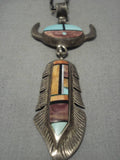 Frank Yellowhorse Vintage Native American Navajo Turquoise Inlay Sterling Silver Necklace-Nativo Arts