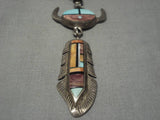 Frank Yellowhorse Vintage Native American Navajo Turquoise Inlay Sterling Silver Necklace-Nativo Arts