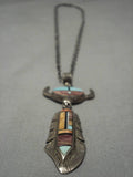 Frank Yellowhorse Vintage Native American Navajo Turquoise Inlay Sterling Silver Necklace-Nativo Arts