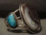 Giant Middle Stone Vintage Navajo Turquoise Agate Native American Jewelry Silver Bracelet-Nativo Arts