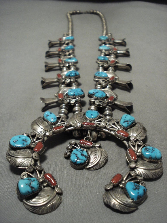 Giant! Vintage Navajo Turquoise Coral Native American Jewelry Silver Squash Blossom Necklace-Nativo Arts