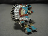 Gigantic Native American Zuni Kachina Dancer Turquoise Sterling Silver Ring-Nativo Arts