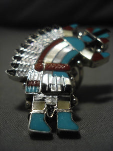 Gigantic Native American Zuni Kachina Dancer Turquoise Sterling Silver Ring-Nativo Arts