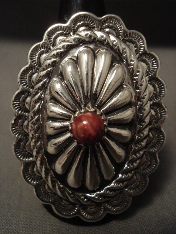 Gigantic Navajo Concho Spiny Oyster Sterling Native American Jewelry Silver Ring-Nativo Arts
