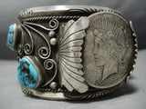 Gigantic Vintage Native American Jewelry Navajo Turquoise Sterling Silver Coin Bracelet Old Cuff-Nativo Arts