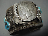 Gigantic Vintage Native American Jewelry Navajo Turquoise Sterling Silver Coin Bracelet Old Cuff-Nativo Arts