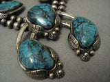 GIGANTIC VINTAGE NAVAJO BLUE DIAMOND TURQUOISE SILVER SQUASH BLOSSOM NECKLACE-Nativo Arts