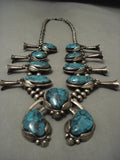 GIGANTIC VINTAGE NAVAJO BLUE DIAMOND TURQUOISE SILVER SQUASH BLOSSOM NECKLACE-Nativo Arts