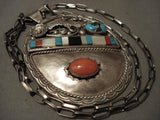 Gigantic Vintage Navajo Coral Persin Turquoise Native American Jewelry Silver Necklace Old-Nativo Arts