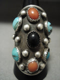 Gigantic Vintage Navajo 'Domed Stone' Turquoise Coral Native American Jewelry Silver Ring-Nativo Arts