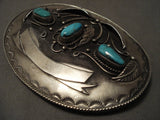 Gigantic Vintage Navajo Hand Tooled Native American Jewelry Silver 'Banner' Turquoise Buckle-Nativo Arts