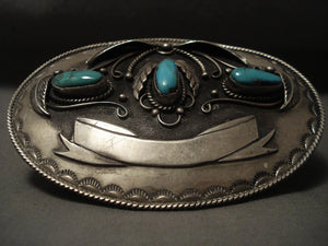 Gigantic Vintage Navajo Hand Tooled Native American Jewelry Silver 'Banner' Turquoise Buckle-Nativo Arts