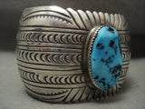 Gigantic Vintage Navajo 'Stamp Intricacy' Turquoise Native American Jewelry Silver Bracelet-Nativo Arts