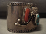 Gigantic Vintage Navajo Turquoise Coral Native American Jewelry Silver Bracelet-Nativo Arts