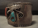 Gigantic Vintage Navajo Turquoise Coral Native American Jewelry Silver Bracelet-Nativo Arts