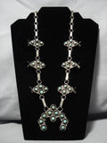 Green Turquoise Vintage Native American Navajo Sterling Silver Squash Blossom Necklace Old-Nativo Arts