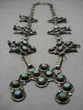 Green Turquoise Vintage Native American Navajo Sterling Silver Squash Blossom Necklace Old-Nativo Arts