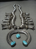 Hand Hammered Vintage Navajo Natural Turquoise Native American Jewelry Silver Sqauash Blossom Necklace-Nativo Arts