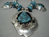 Hand Wrought!! Vintage Native American Jewelry Navajo Sterling Silver Spiderweb Turquoise Necklace-Nativo Arts