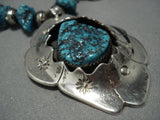 Hand Wrought!! Vintage Native American Jewelry Navajo Sterling Silver Spiderweb Turquoise Necklace-Nativo Arts